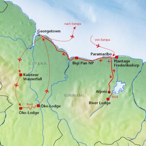 Route der Gruppenreise durch Guyana und Suriname